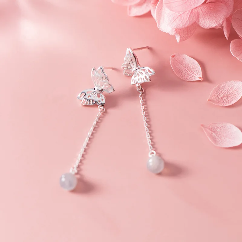 

Silver Earrings Women's Japanese and Korean Style Simple Double-Layer Hollow Butterfly Strawberry Quartz Earrings