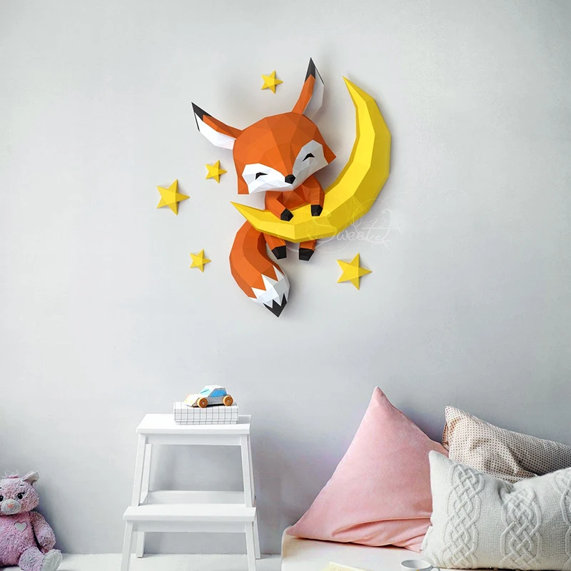 

DIY decoupage 66cm Moon Fox Hildren's Bedroom Three-dimensional Cartoon Wall Hanging Decor/ Little Fox on the Moon Home Decor
