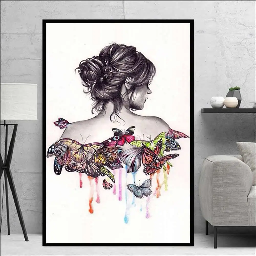 

Wall Art Posters Pictures for Living Room Colorful Butterfly Splicing Female the Back Home Decor Abstract Canvas Print Painting