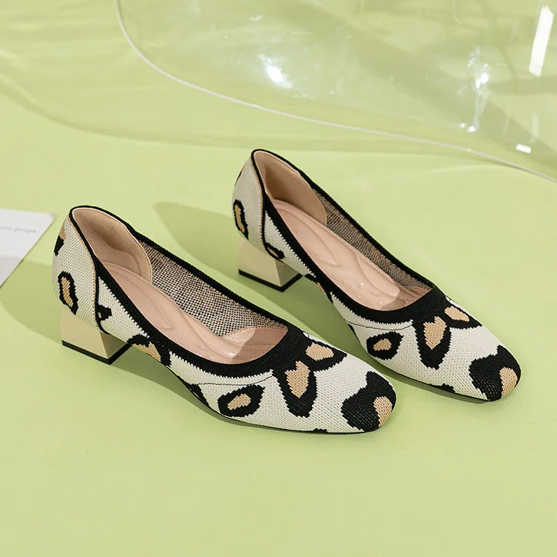 

Knitting Single Shoes Women Square Toe Thick Heels Shallow Mouth Mid-heel High Work Ladies Dress Shoe Pointed