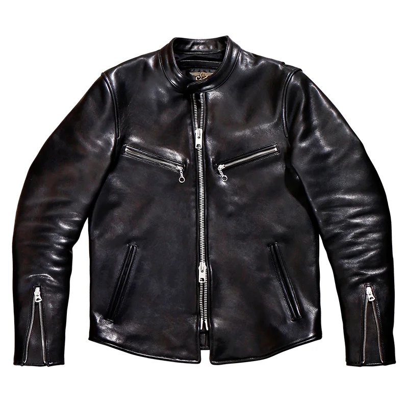 

tanned Free Italy shipping,1mm thick sheepskin jacket.black classic biker leather clothes.cool men genuine leather coat.