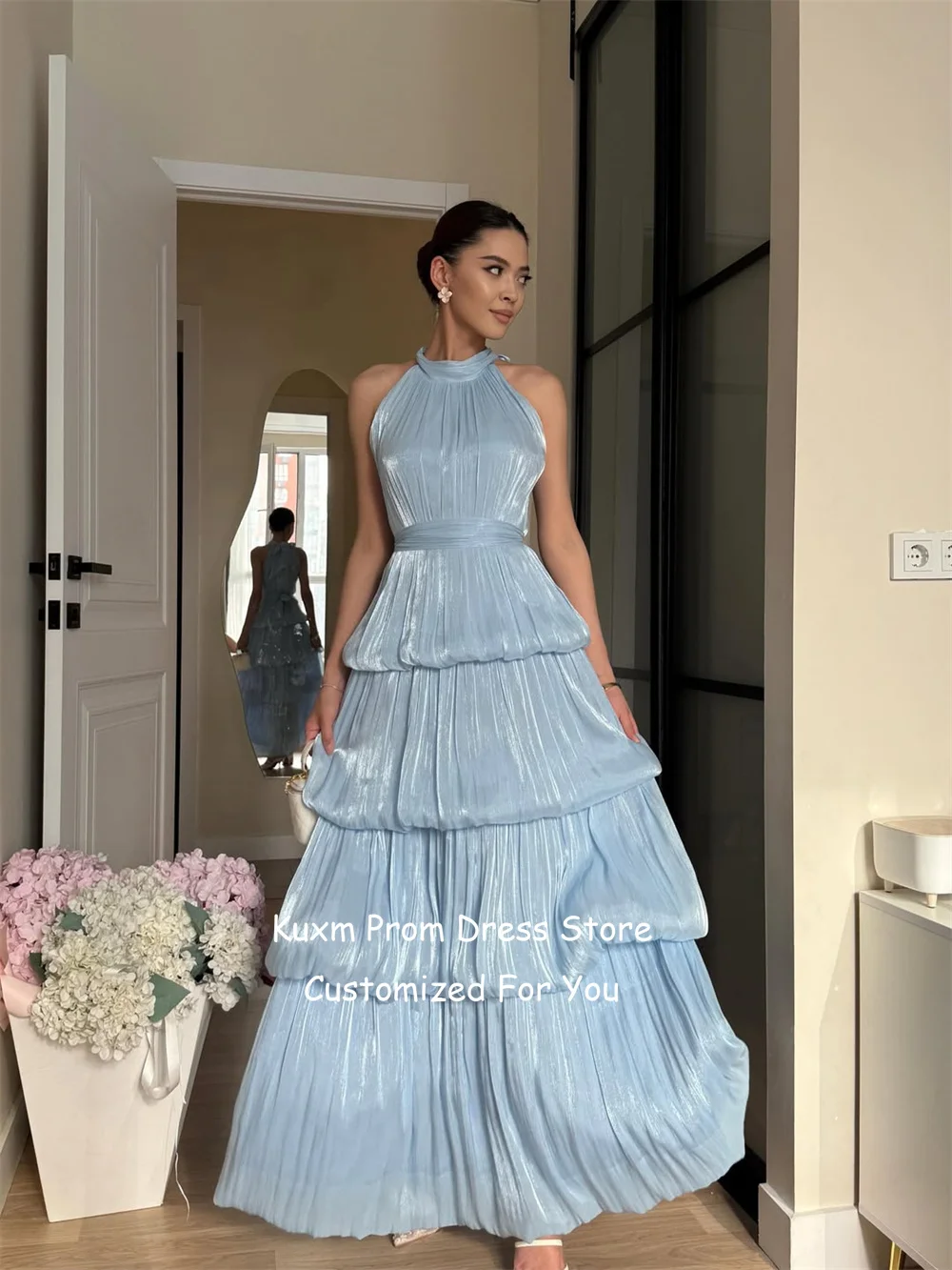 Вечерние платья Kuxm Sky Blue A-Line для женщин, многоярусные, элегантные, с вырезом халтер, без рукавов, в пол, для выпускного вечера, на заказ (art.: 3920db28971bb) - 3920db28971bb