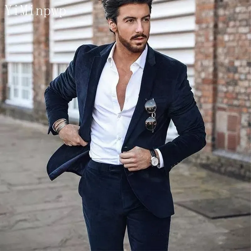 

Dark Navy Velvet Men Suits 2 Pieces Single Breasted Blazer Sets Wedding Prom Party Suit conjuntos de chaqueta Jacket+Pant