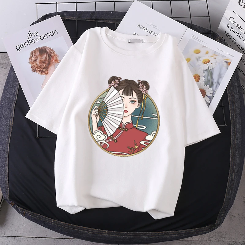 

Chinese Style Cute Women's T-shirts Tops O-neck Harajuku Funny T-shirt Face Print White Ladies Tee Shirts Short Sleeve Tee