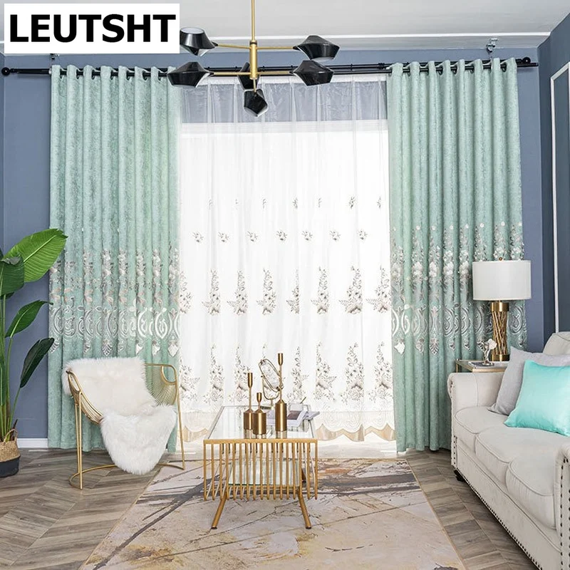 

European-style Curtains for Living Dining Room Bedroom Light Luxury Atmosphere Fruit Green Embroidered Curtains Floor Custom
