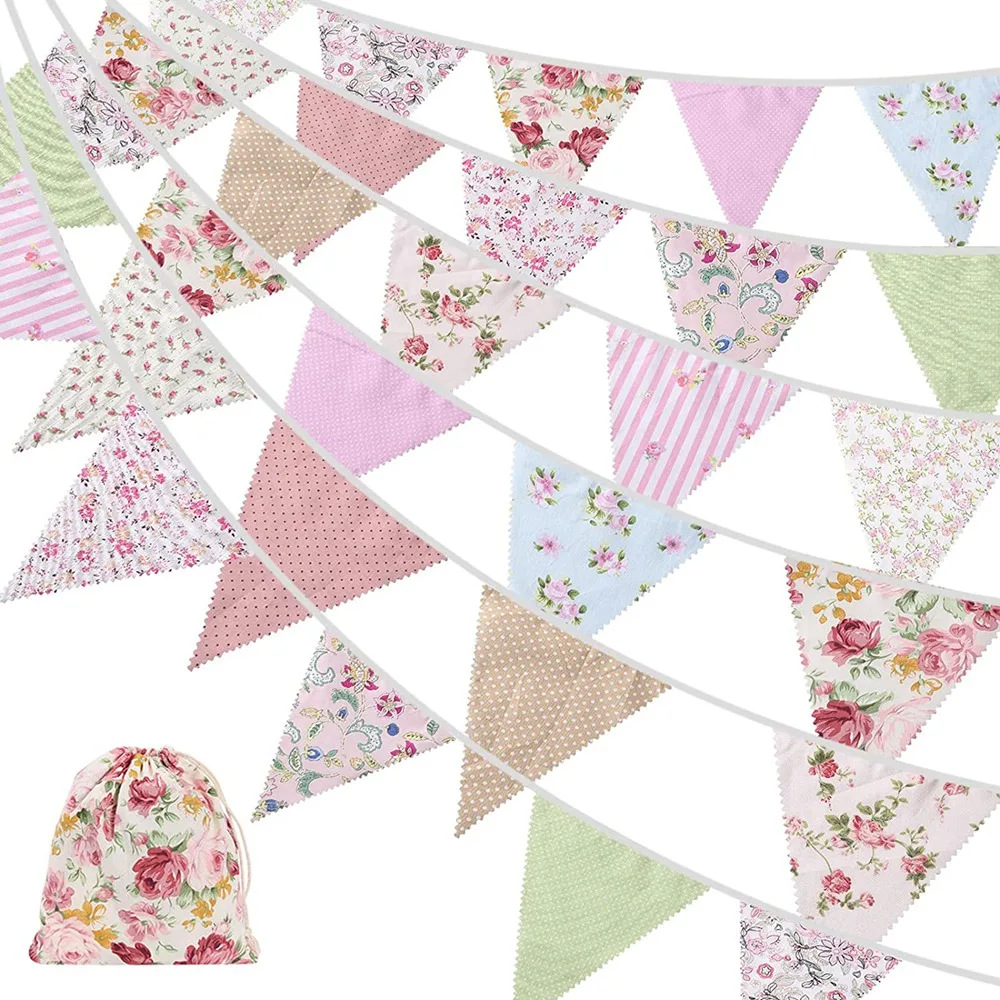 

40Ft Fabric Bunting, 42Pcs Outdoor Bunting Banner,Floral Vintage Cotton Triple-cornered Flag for Garden Birthday Party