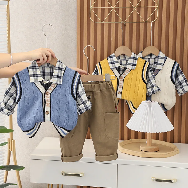 

2022 Spring Autumn Children Boy 3PCS Clothes Set Cardigan Sweater Vest Plaid Long Sleeve Shirt Casual Pant Infant Baby Boy Suit
