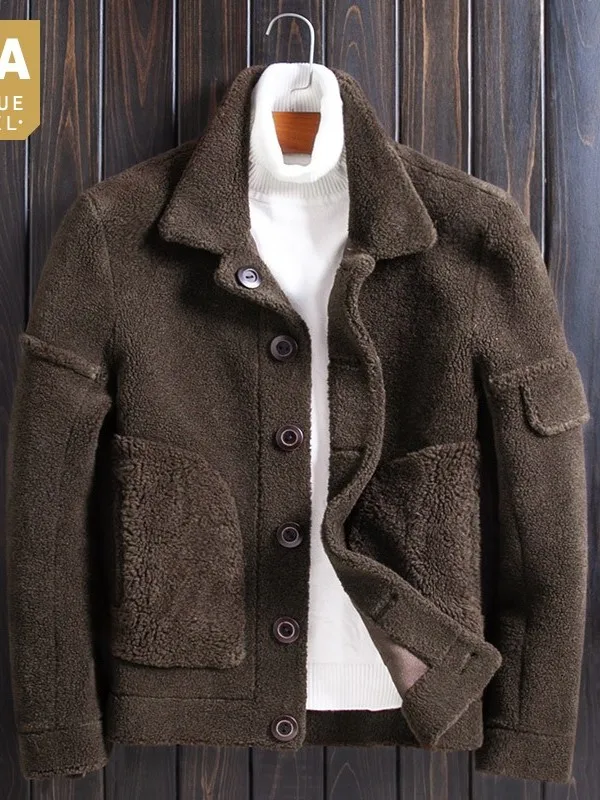 

Jacket Shearling Fur Reversible Real Men Luxury Winter Single Breasted Warm Outerwear Brown Lambswool Biker Jacket Plus Size 4XL