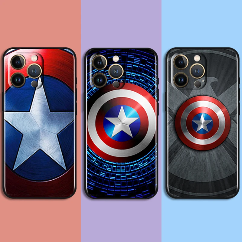 

Captain America shield Marvel For Apple iPhone 13 12 11 Pro Max Mini XS Max X XR 6 7 8 Plus 5S SE2020 Soft Black Phone Case Capa