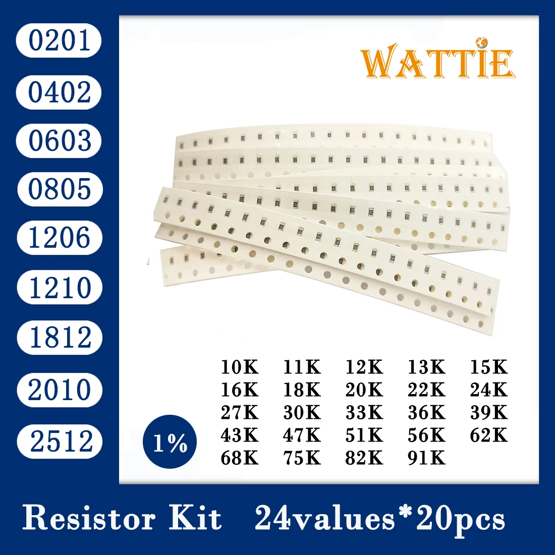 Resistor kit 0201 0402 0603 0805 1206 1210 1812 2010 2512 smd package 24values*20PCS=480PCS 1% Sample Kit Resisor | Электронные