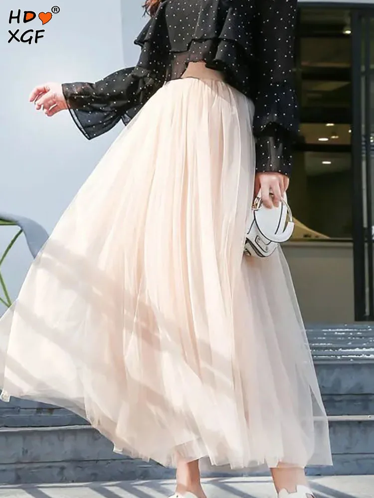 

Korean Fashion Elastic A-line High Waist Pleated Multi-layer Mesh Hollow-out Long Skirt Spring Women Loose Elegant Office Skirts