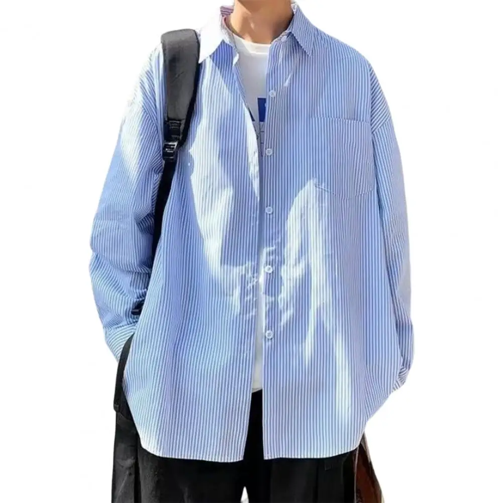 

Work Shirt Single-breasted Soft Versatile Men Loose Fit Striped Shirt Outerwear Shirt Outerwear for Party