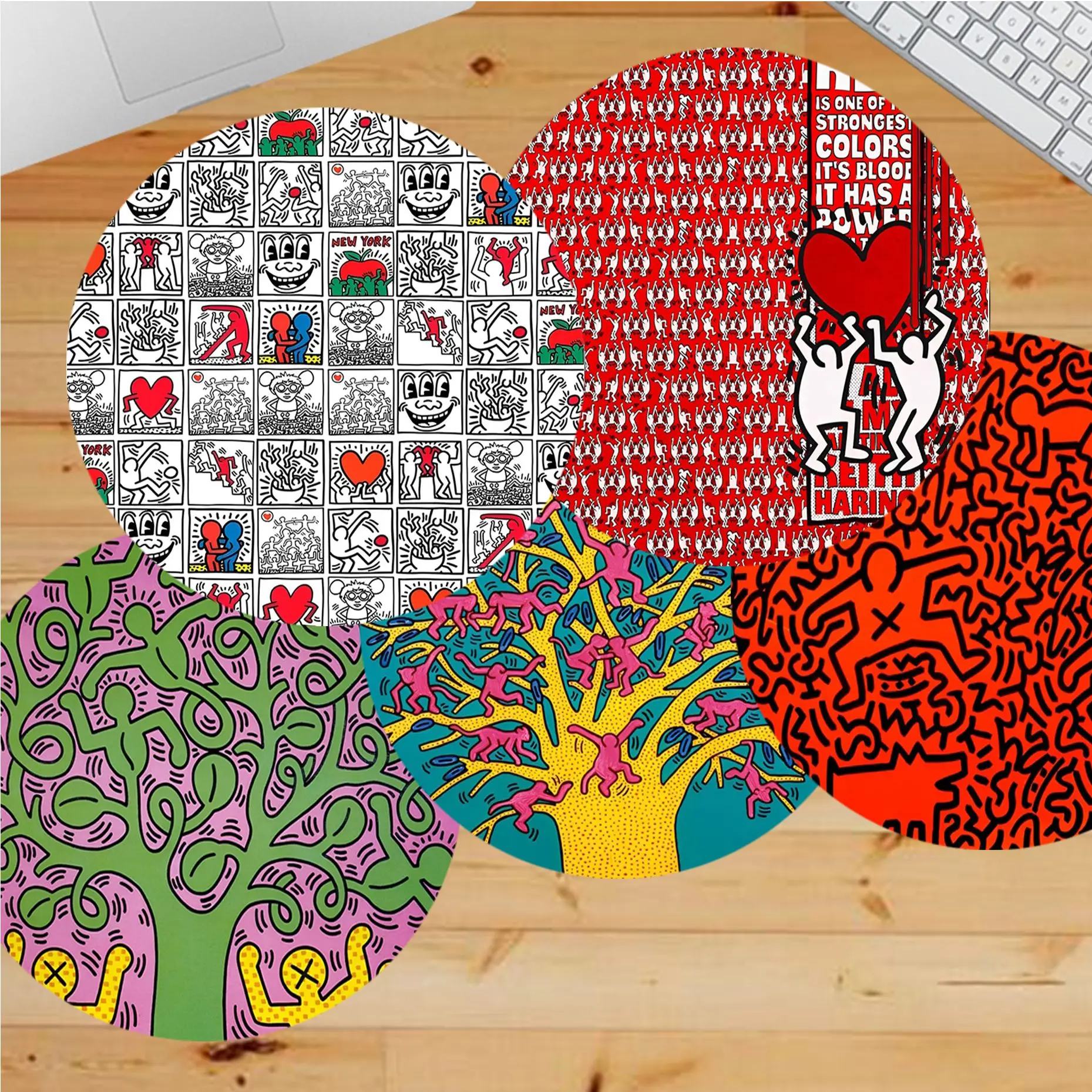 

Keith-Haring-Works-Colorful-Print Mousepad INS Tide Round Keyboard Mat Mat Gamer Desktop Mousepad Cup Mats Deskpad Home Decor