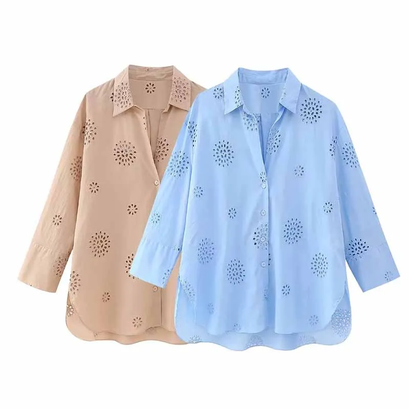 

Women 2023 New Fashion Cutout Embroidered Blouse Vintage Long Sleeve Button Up Female Shirts Blusas Chic Tops