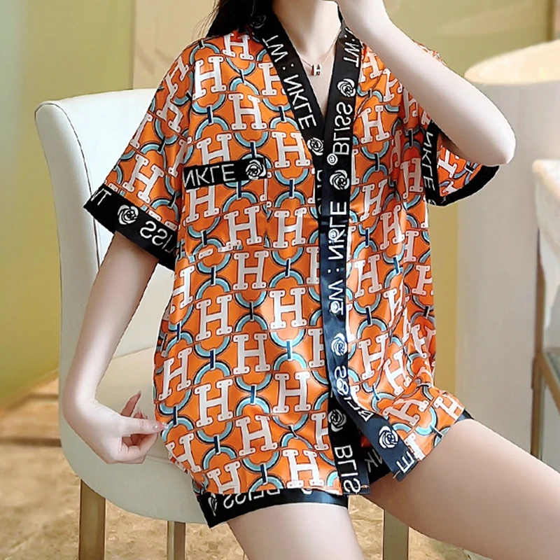 

2023 Ice Silk Pajamas Women's Spring and Autumn Fashion Printed Flowers Pajama Set Long Sleeve Home Suit Pyjamas Sexy Sleepwear