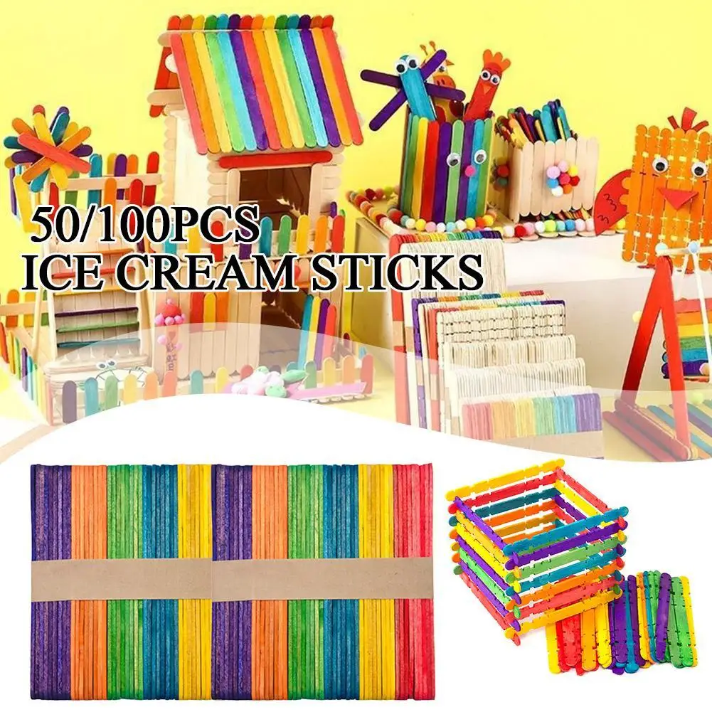 

50/100Pcs Ice Cream Sticks Natural Wooden Craft Sticks Rainbow Wooden Popsicle Sticks DIY Craft Creative Children Education
