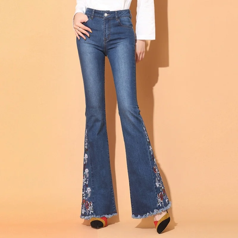 Elastic Denim Pants Bell Bottoms Trousers Women Pants 2021 Vintage Side Slit Flare Jeans Female Casual Fashion Classic Pop Jeans