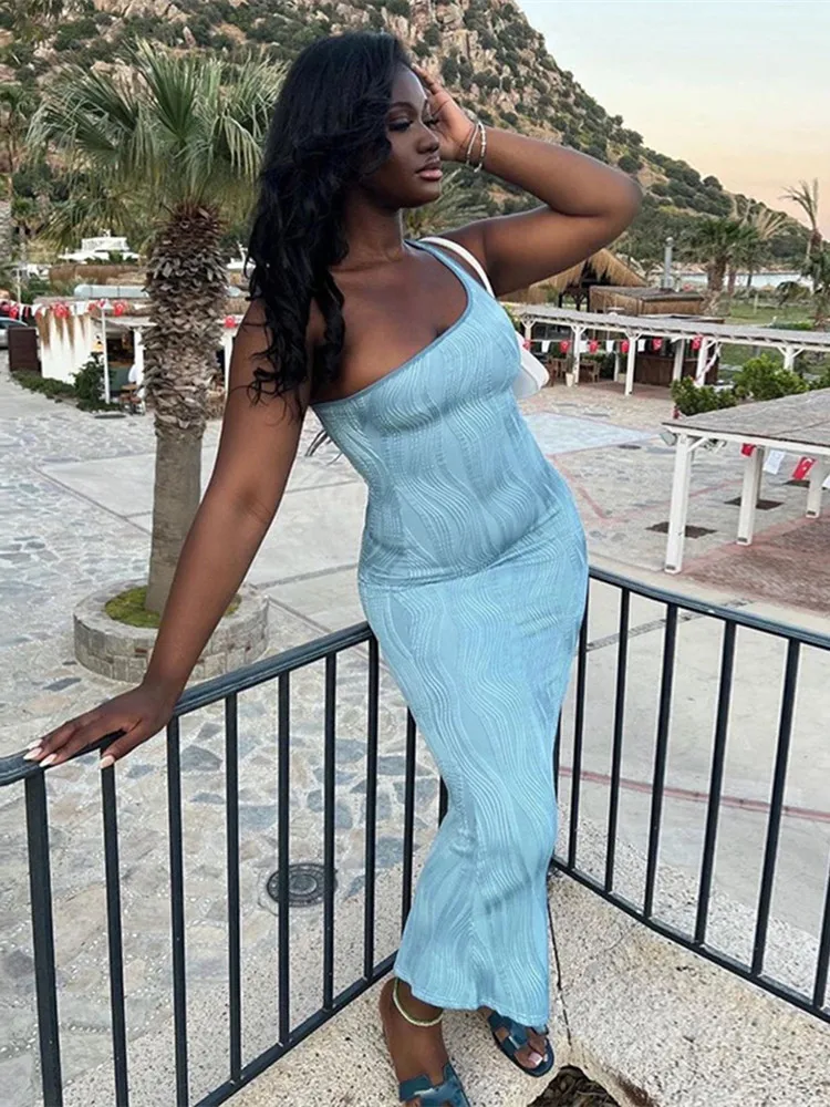 

Women's Fashion Outfits Sleeveless Textured Long Dresses Women Sexy Asymmetrical One Shoulder Backless Maxi Dress Clothes