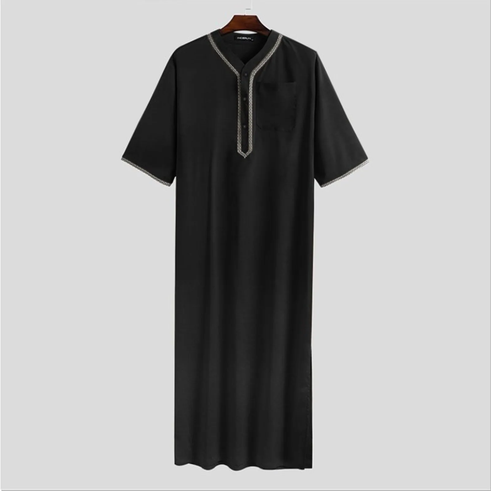 Men Muslim Jubba Thobe Solid Color Button Kimono Middle Robe Saudi Musulman Shirt Stand Collar Islamic Arabic Kaftan Men Abaya