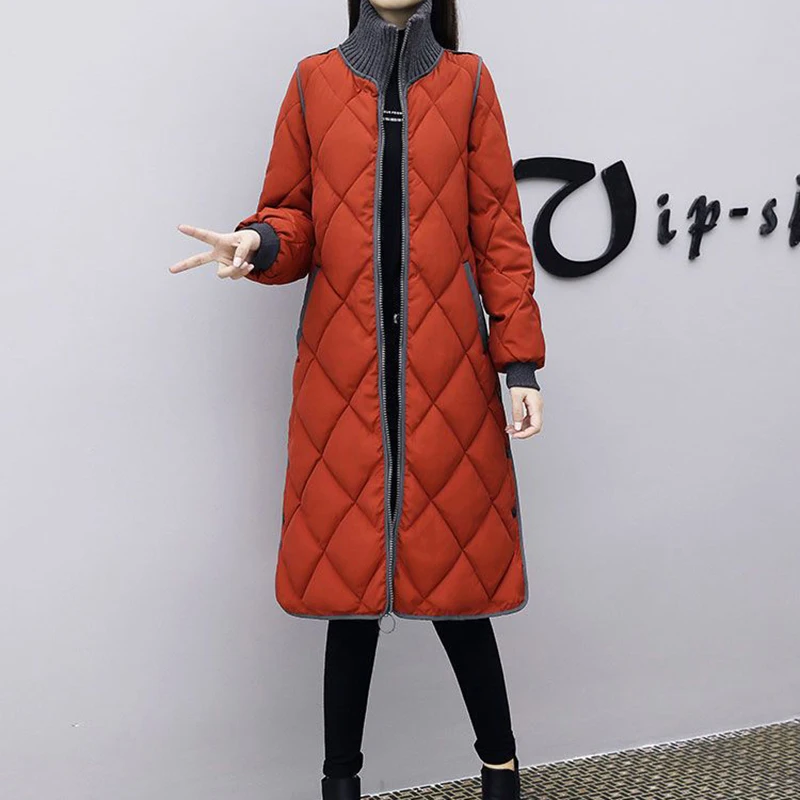 Oversized 4XL Stand Collar Mid Length Parkas Korean Long Sleeve Women Jackets Elegant Warm Thin Cotton Padded Winter Coat