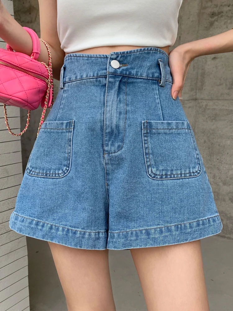 Deeptown Vintage Streetwear Blue Jean Shorts Women Korean Fashion High Waist Denim Short Pants Baggy Straight Wide Leg Trousers