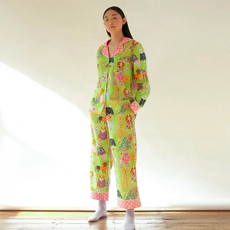 

Fashionable Cute Animals Printing Women's Long-Sleeved Trousers Home Wear Suit Silky Soft Silk Casual Pajamas Pants Set