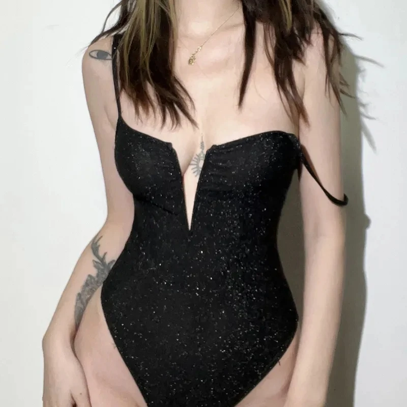 

Net celebrity with the new sexy V-neck slim-fit waist off-shoulder one-piece women's wild thin sling sleeveless Bodysuit women