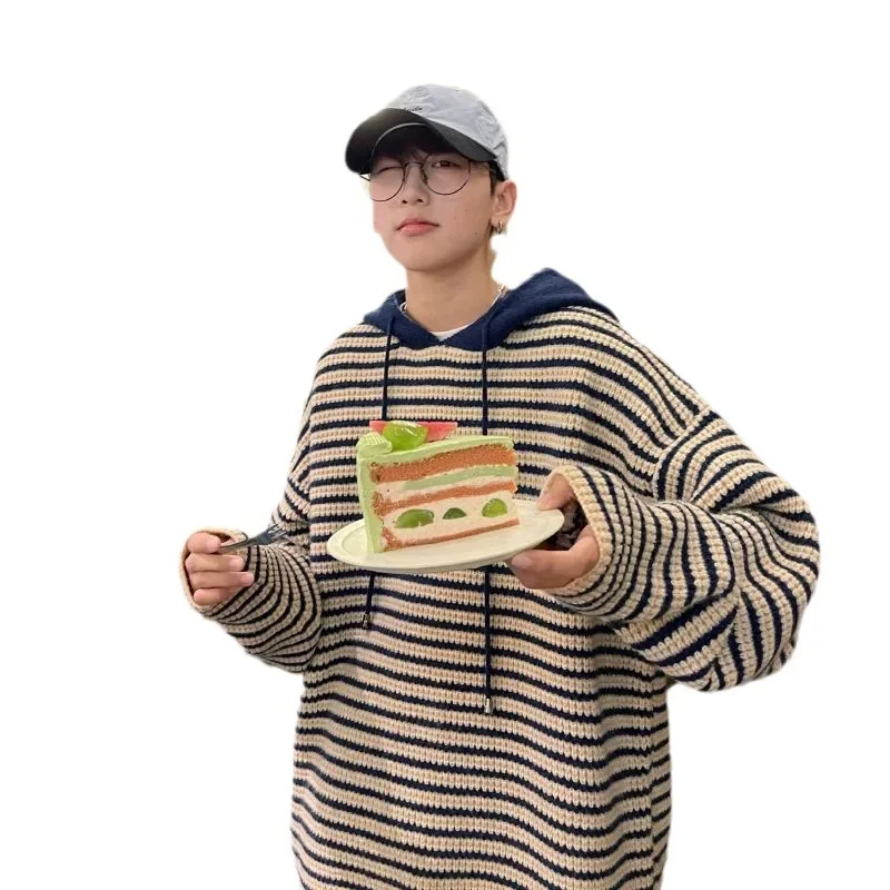 Полосатая вязаная верхняя куртка с капюшоном мужской новый дизайн свободный