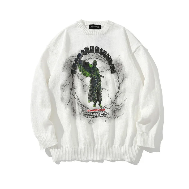 Men Hip Hop Knitted Jumper Sweaters Angel Lightning Printed Streetwear Harajuku Autumn Oversize Hipster Casual Pullovers