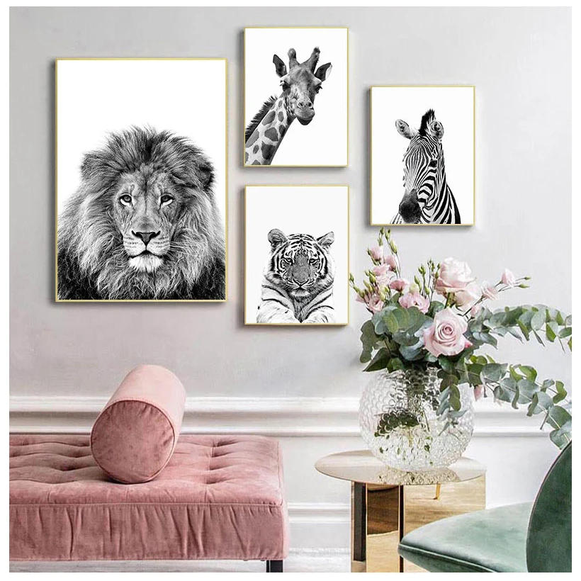 

Animals Print Lion Zebra Elephant Wall Art Poster Safari Nursery Canvas Painting Black and White Pictures Kids Room Decoration