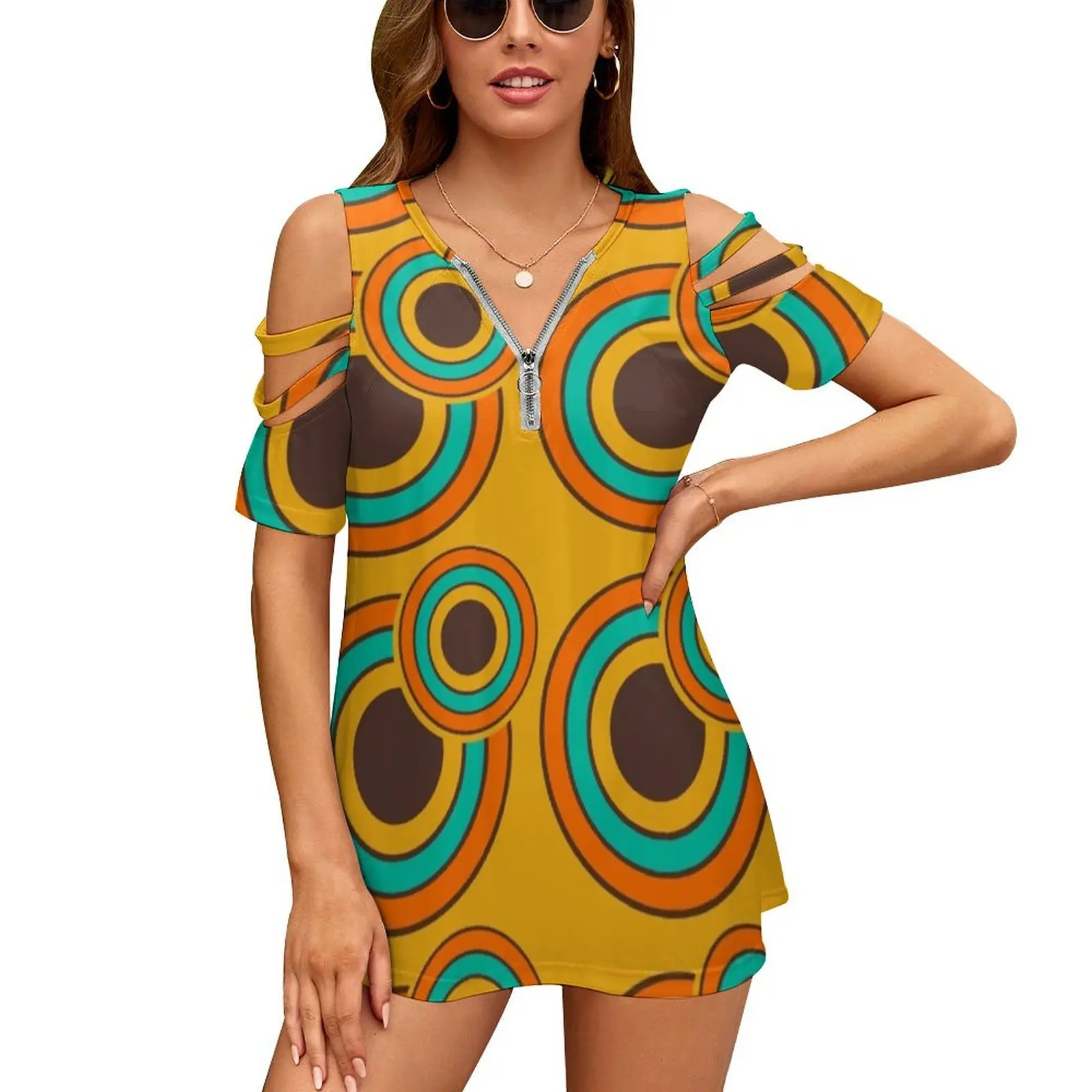 

Пикантная винтажная Женская футболка на молнии с принтом в стиле ретро 1950-х годов/70-х годов, топы, футболка с полным принтом 70-х