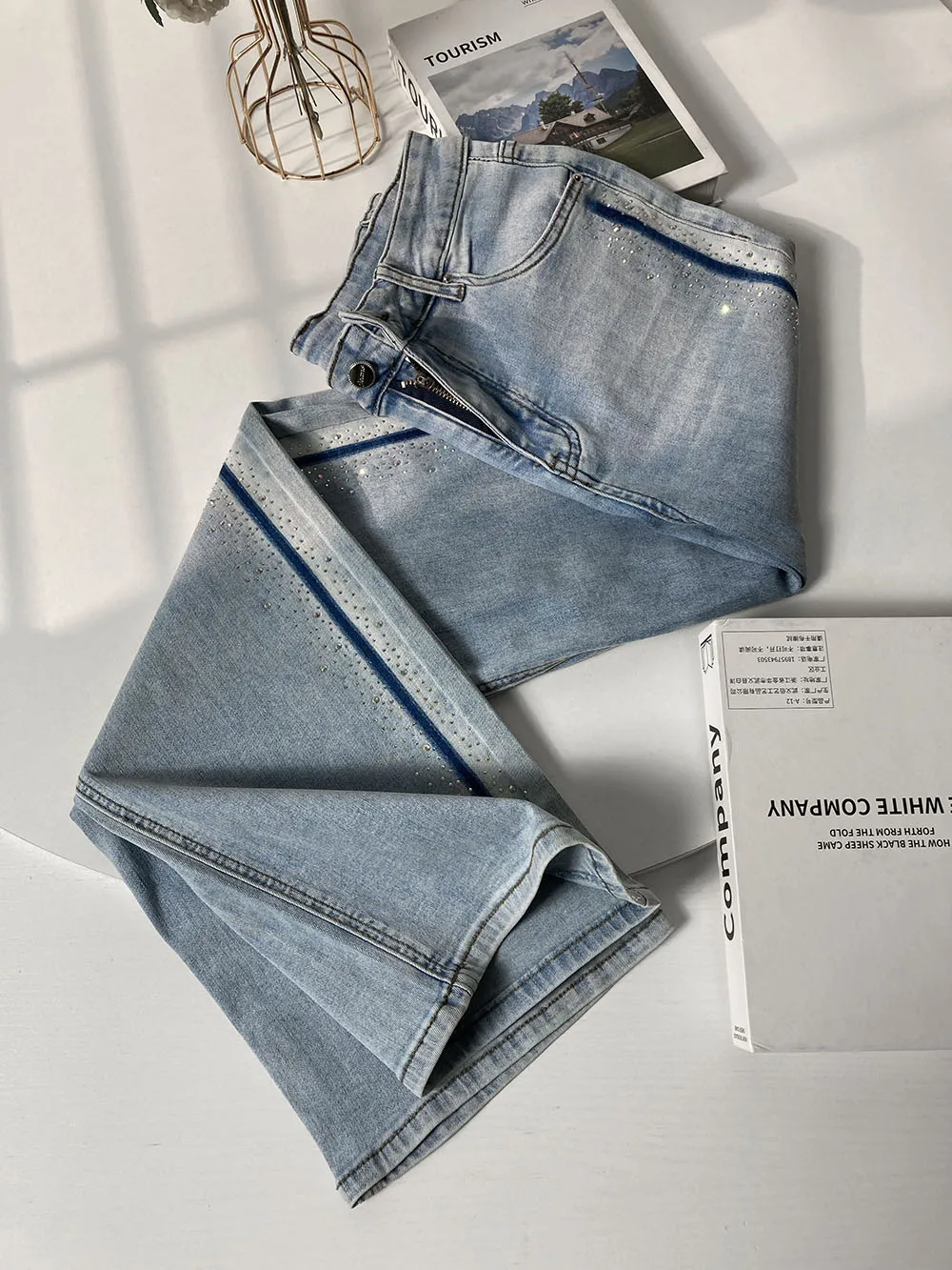 High-End Rhinestone Narrow Wide-Leg Jeans Women's High Waist Slimming Ins Style FashionLoose Elastic Casual Denim Pants Trousers