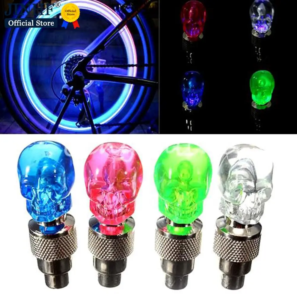 Motorcycle Car Wheel Spoke Tire Valve Cap Skull Shape Neon Led Light Lamp Bulb 4 Colors