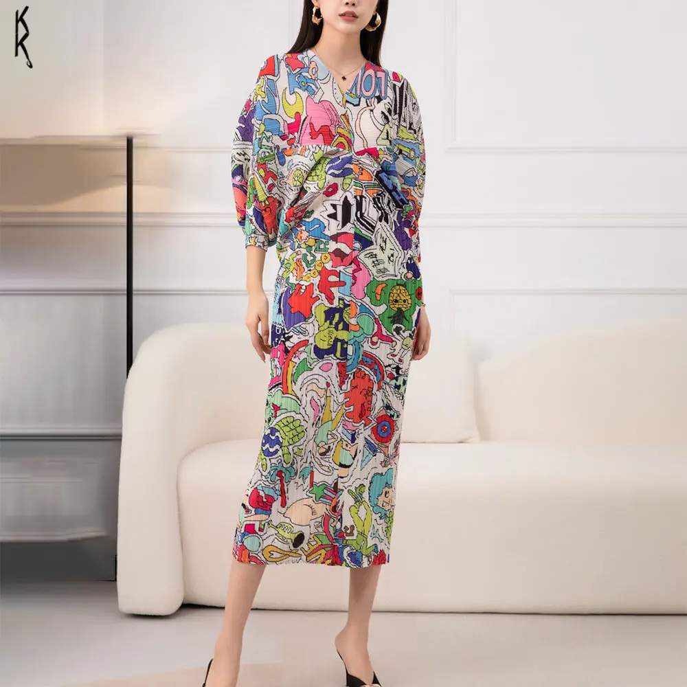 

Women's Bat Sleeves Spring 2023 New Pleated Dress Long Luxury Designe Fashion Print V-neck High-quality Clothing Elegant Chic