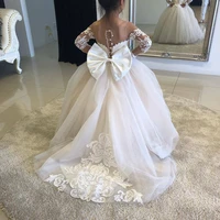 9 styles lace girls flower dress with bridal train cute bow ball gown tutu dress ivory champagne princess wedding party gowns