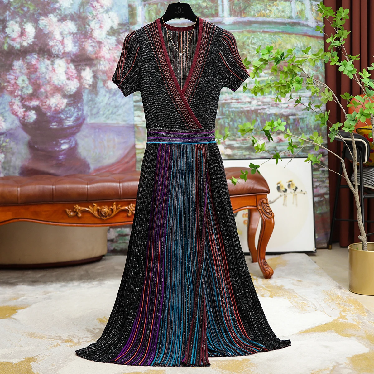 Summer Office Ladies Formal Heavy Industry V-Neck Long Fit Knitted Women's Dresses Elegant Print A Line Skirts Women Clothing