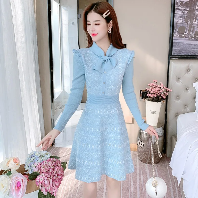 

Spring Fall Sweet Blue Ruffle Single-Breasted Women Party Casual Street Boho Elegant Bow Knitted Dress Vestido