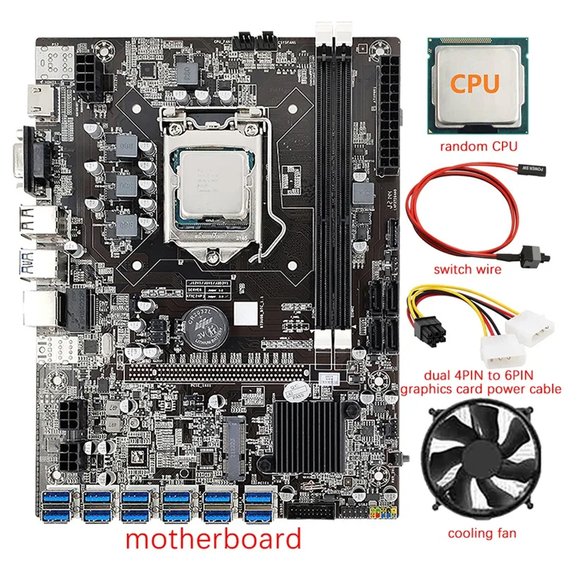 12 GPU B75 Mining Motherboard+CPU+CPU Fan+Power Cable+Switch Cable 12X USB3.0(PCIE) LGA1155 DDR3 RAM SATA3.0 For BTC/ETH