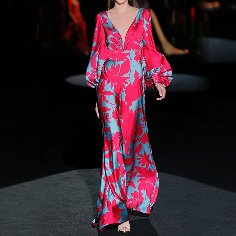

Vintage Runway Designers Dress 2022 High Quality V-neck Lantern Sleeve Printed Long Dresses for Women Spring Autumn Clothes