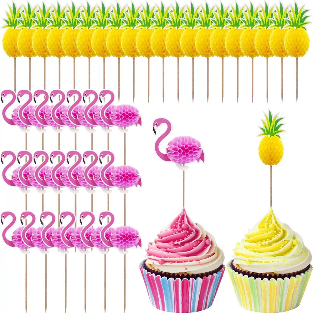 10pcs Luau Tropical Hawaiian Cupcake Toppers Flamingo Pineapple Hawaii Beach Cake Toppers Pool Party Beach Theme Cake Decoration