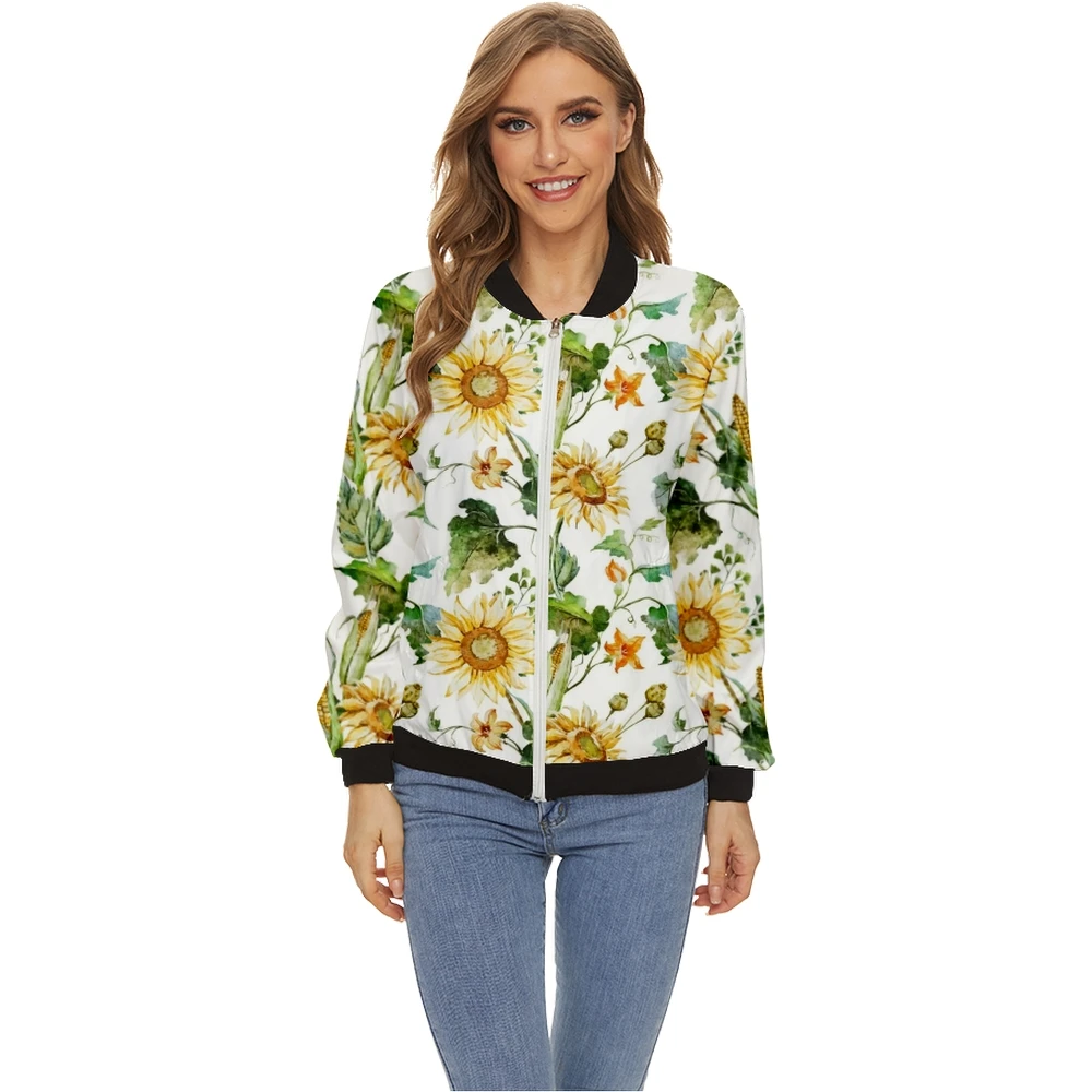 

Women Autumn Fashion Sunflower Printing Zipper Jacket Tops Long Sleeves Casual Baseball Collar Coat Slim Jacket