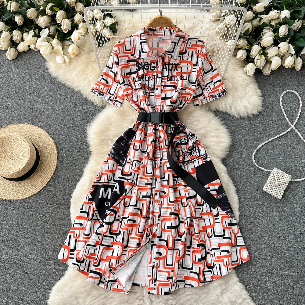 

Dresses Short sleeve Lapel summer 2022 new lace up waist slim retro print women