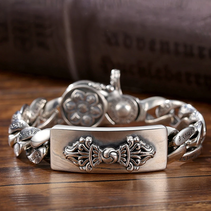 

Six-character Mantra Transfer Vajra Rotating Big Buckle Silver Bracelet Men's Domineering Niche To Widen Personality Accessories