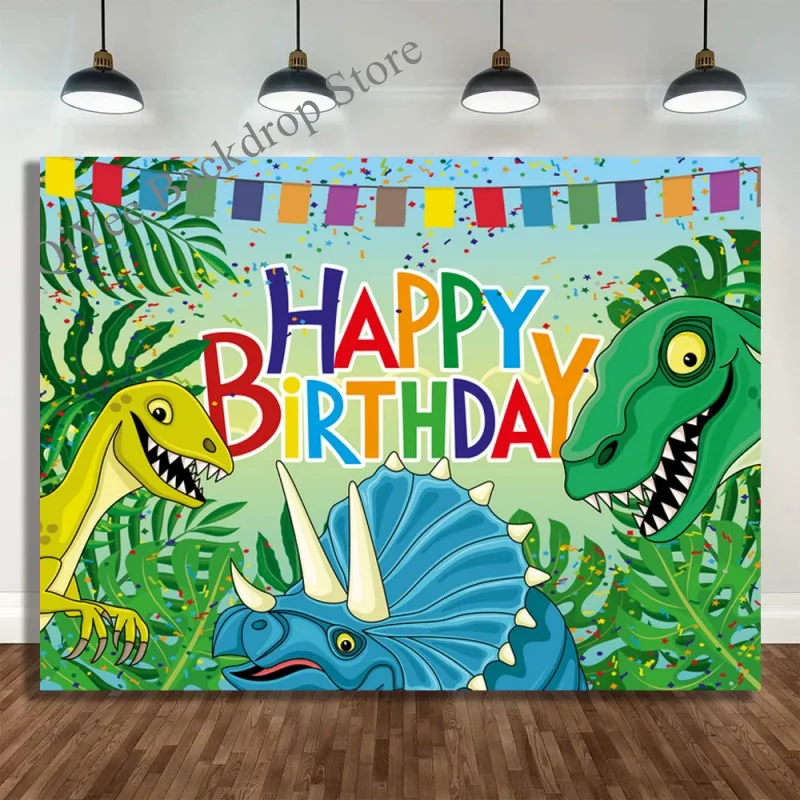 

Happy Birthday Kids Cake Smash Photography Background Jungle Forest Cartoon Dinosaur Theme Party Backdrop Vinyl Wall Poster