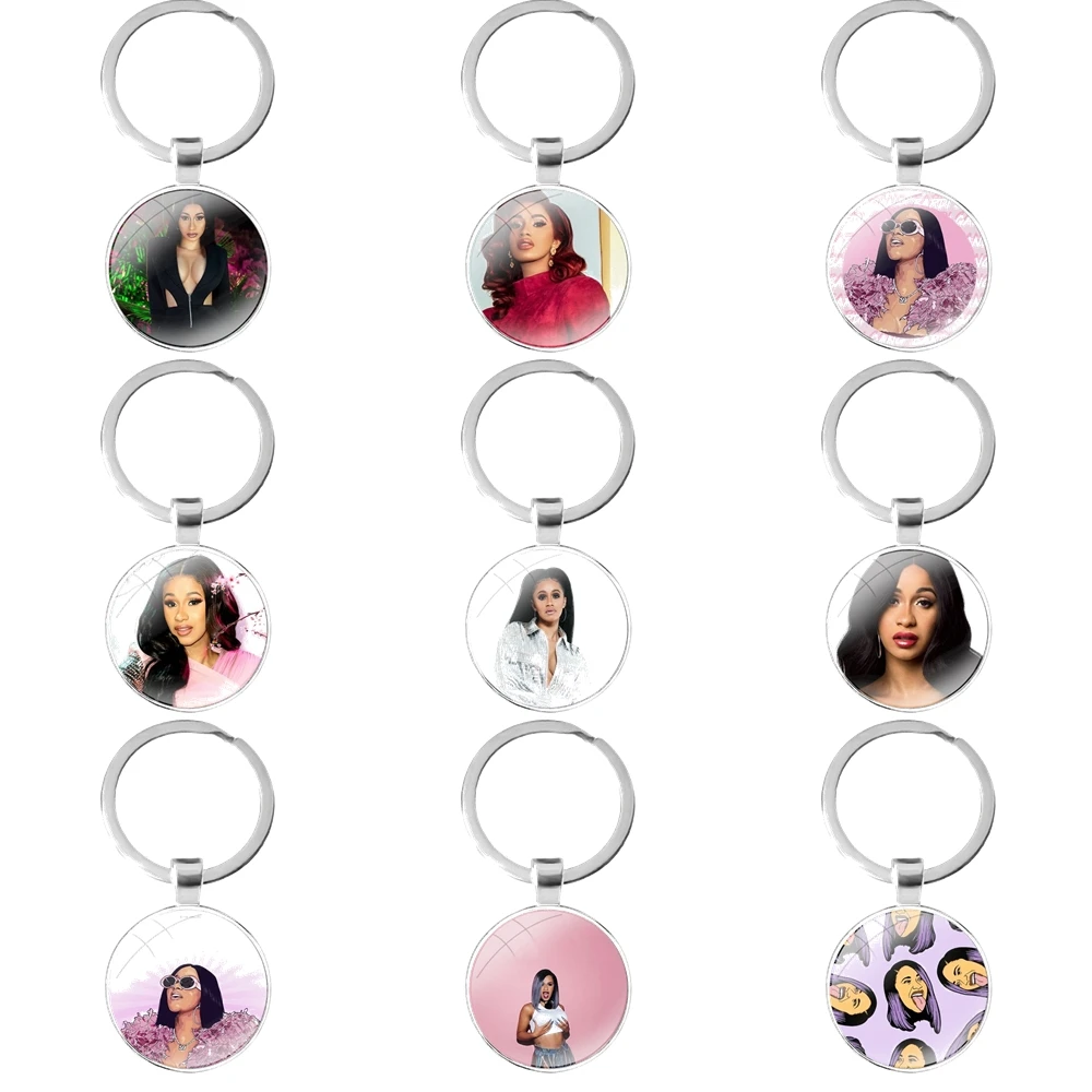 

Стеклянный брелок с кабошоном, брелок для автомобильных ключей, подвески, брелки в подарок, рэпер, поп, Карди, рэп, мультяшный дизайн, модный ...