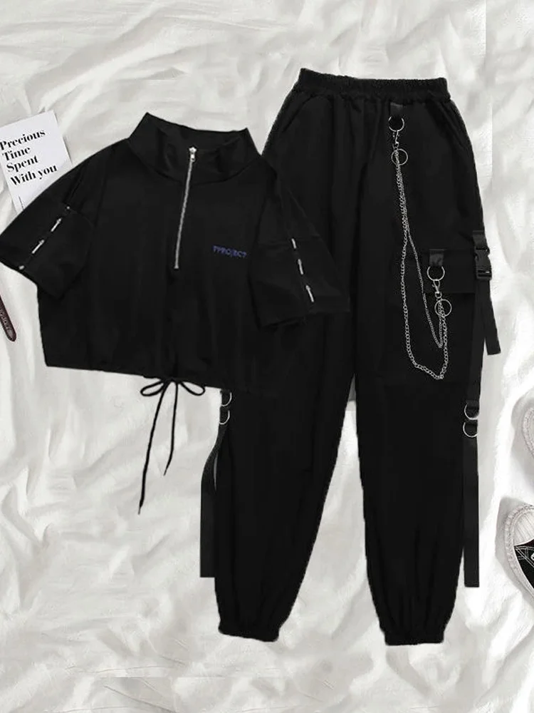 

Брюки-карго женские черные в готическом стиле, уличная одежда в стиле Харадзюку, панк-панк, с цепочкой, в стиле хип-хоп, Харадзюку