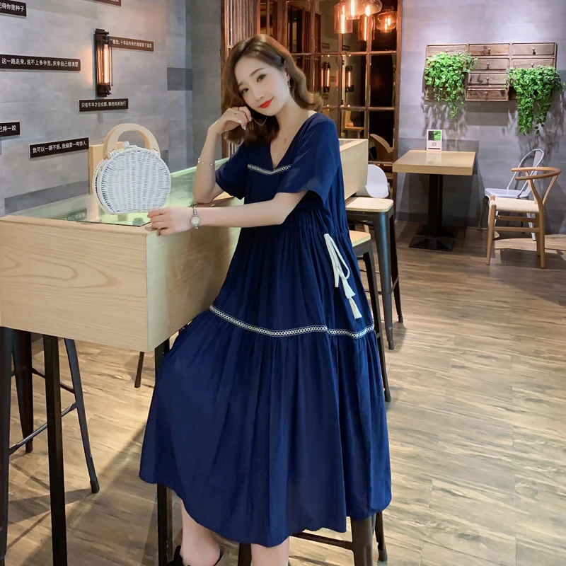 

Summer Maternity Cotton National Wind Dress Short Sleeve V-Neck Drawstring Waist Pregnant Woman Dress Plus Size Pregnancy Dress