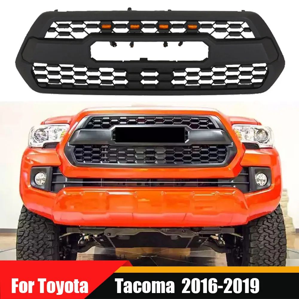 

Front Bumper Grille Trims Cover Racing Grills Black Compatible Fit Mash Grill With 4 LED Lights For Toyota Tacoma 2016-2019