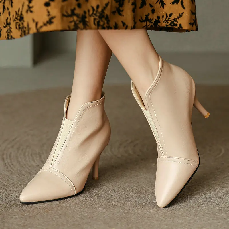 

Size 33-48 Apricot Beige Color Pointed Toe Sexy Mature Female Botines Winter Stiletto Shoes V-cut Thin High Heels Ankle Boots