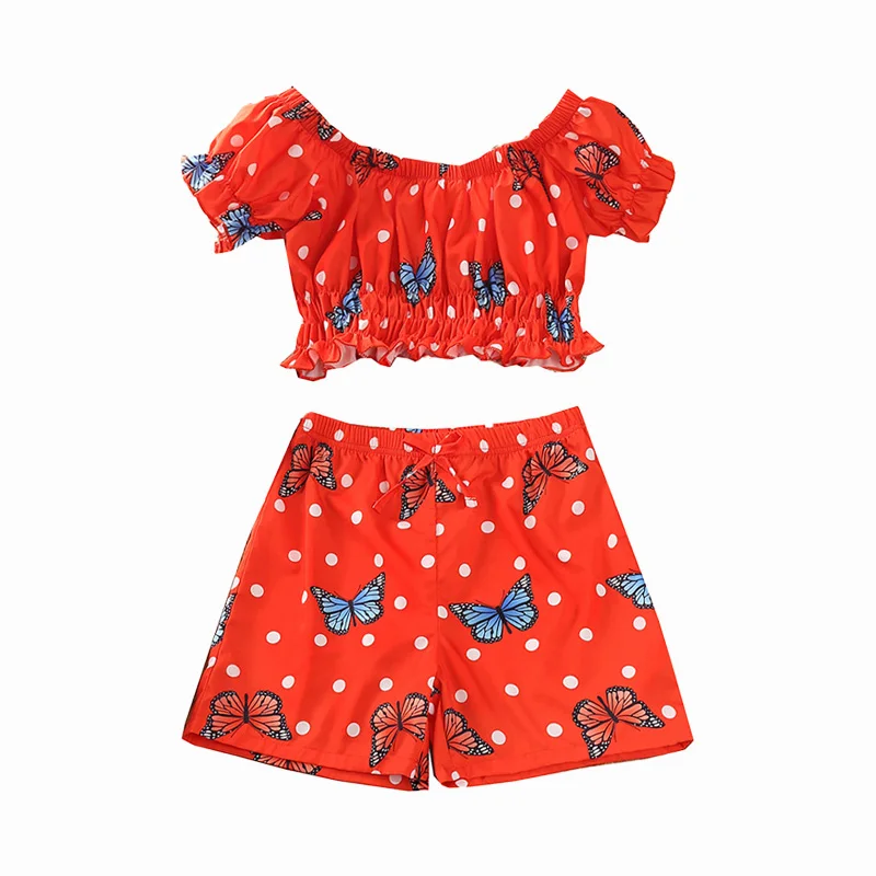 

Женский летний модный комплект одежды с бабочками для девочек, костюмы, футболка, короткий топ, жилет, шорты с высокой талией, детская одежда